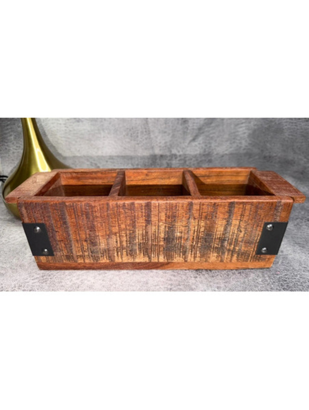 12" Rustic Solid Wood 3 Compartment Utensil Caddy Organizer Metal Cottage Core